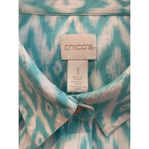 Chico's Blouse Women's Size Small Turquoise Ikat Print Tie Front Resortwear - Picture 5 of 5